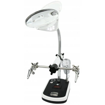 Лупа Третья рука 2,5Х75мм 5X20мм MG16075-8L, подсветка 220V, подставка паяльника