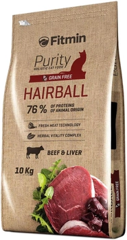 Pełnoporcjowa sucha karma dla dorosłych kotów długowłosych Fitmin Purity hairball o smaku drobiu 10 kg (8595237013463)
