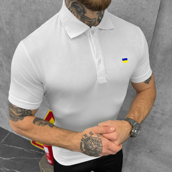 Мужское плотное Поло с принтом "Флаг Украины" / Футболка приталенного кроя белая размер 2XL