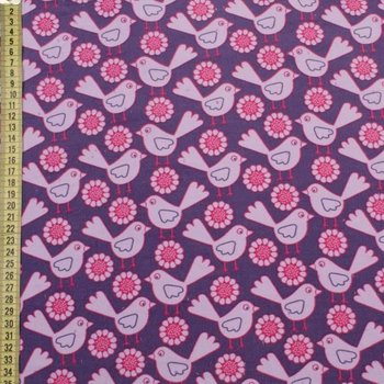 Микровельвет фиолетовый в розово-сиреневые птички, цветы, ш.145 (10750.001)
