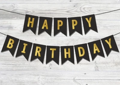 Гирлянда бумажная из флажков черная Happy Birthday с золотыми буквами длина 2м