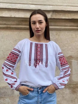 Украинская вышиванка женская белая "Линда" на домотканом полотне классическая блуза 12227-44 (М)