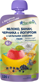 Фруктовое органическое пюре Fleur Alpine Яблоко, Банан, Черника с Йогуртом и цельными Злаками 120 г (5024688001161)