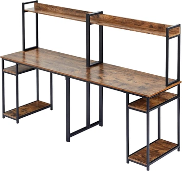 Дизайнерский Письменный компьютерный стол с полками Loft Design 240x60x160h Черный/Дерево ATL722
