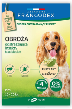 Obroża biobójcza Francodex dla średnich psów od 10 kg do 20 kg odstraszająca insekty 4 miesiące ochrony 60 cm (3283021791721)