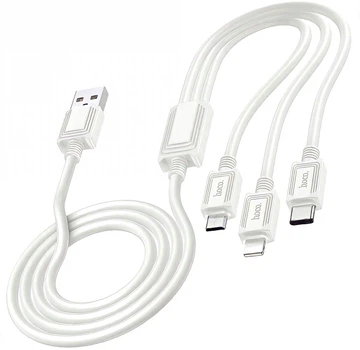 Кабель для зарядки телефона 3 в 1 Micro USB+Type-C+Lightning 3 in 1 Hoco Original Series 1M 2A для устройств iOS/Android/Samsung/iPhone/Xiaomi/Huawei/Meizu. White