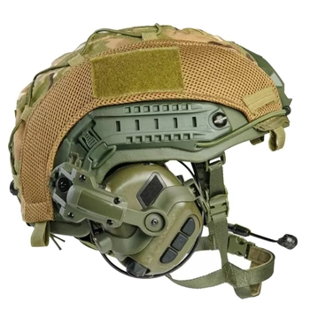 Баллистическая шлем-каска Fast цвета олива в кавере мультикам стандарта NATO (NIJ 3A) M/L + наушники М32 (с микрофоном) и креплением "Чебурашка"