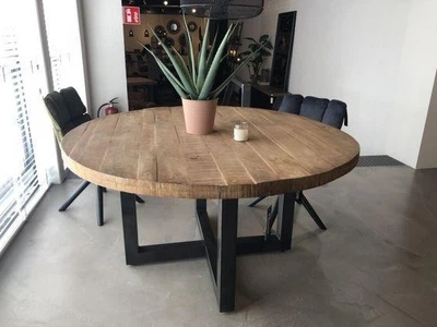 Дизайнерский Кухонный обеденный стол из натурального дерева Loft Design d150x75h Черный / Дерево ATL1354
