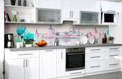 Кухонный фартук Скинали Замок у реки (виниловая наклейка для кухни ПВХ пленка ) цветы Архитектура Серый 60х200 см