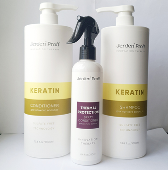 Набір Безсульфатний шампунь та кондиціонер Jerden Proff Keratin з кератином і спрей термозахист 2250мл