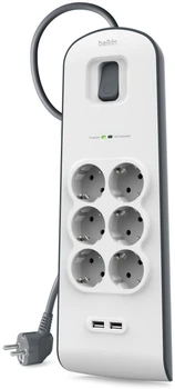 Сетевой фильтр Belkin 6 роз., 2xUSB 2.4A, 650 Дж, UL 500 В, 2 m Cable (BSV604vf2M)