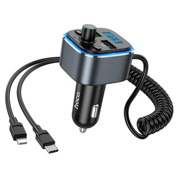 Адаптер автомобильный Hoco Energy with Lightning/Type-C Cable car BT FM transmitter E74 |2USB, 3A/18W, QC| серый