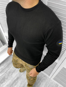 Вязаный мужской свитер с вышивкой флагом на рукаве / Теплая кофта черная размер L