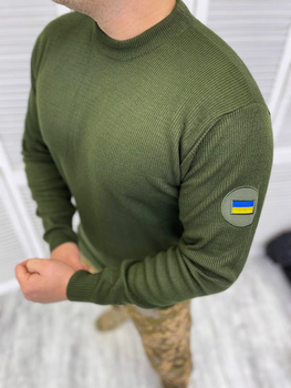 Чоловічий в'язаний светр з вишивкою прапором на рукаві / Тепла кофта хакі розмір 2XL