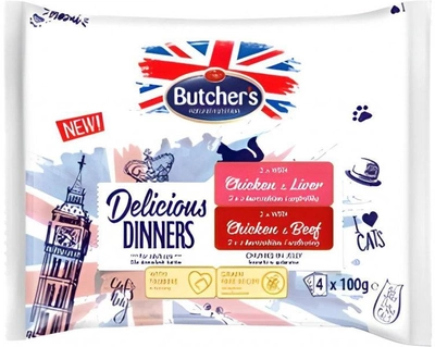 Mokra karma dla kotów Butcher's Delicious Dinners z kurczakiem wątróbką i wołowiną 4 x 100 g (5011792008223)