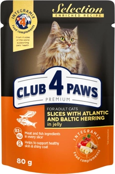 Упаковка влажного корма для взрослых кошек Club 4 Paws (Клуб 4 Лапы) кусочки в желе с селедкой и салакой 80 г х 24 шт (4820215363457)