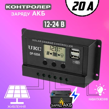 Контроллер заряда АКБ от солнечной батареи UKC DP520A-20A, 12-24В, экран, 2хUSB