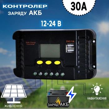 Контроллер заряда АКБ от солнечной батареи UKC CP430A-30A, 12-24В, екран, 2хUSB