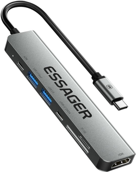 USB-хаб Essager 7 in 1 USB C HUB 60W HDMI 4K, Type-C, USB 3.2, USB 2.0, TF, SD Grey (EHB07-QH0G-Z)
