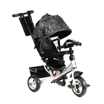 Дитячий триколісний велосипед-коляска з батьківською ручкою Best Trike 6588 - 37-835 колеса зі спіненої гуми, з музикою та світлом, Чорний з візерунком
