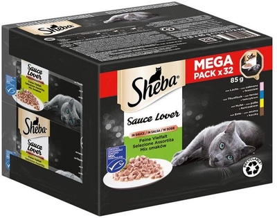 Mokra karma pełnoporcjowa dla kotów dorosłych Sheba Tray z sosem kaczka, kura, łosoś, tuńczyk 32x85 g (3065890152564)