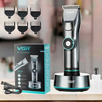 Аккумуляторная машинка для стрижки волос VGR V256 беспроводная с 6 насадками и подставкой с usb зарядкой