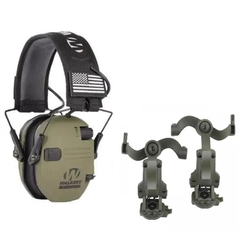 Активные наушники складные для защиты органов слуха Walker's Razor с креплениями OPS Core Чебурашки на баллистический шлем в комплекте оливковые