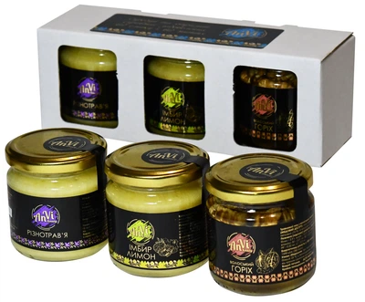 Подарунковий медовий набір №4 "Anvi-honey", Крем мед з імбиром і цедрою лимона, крем мед різнотрав’я, травневий мед з волоським горіхом