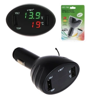Автомобільна зарядка VST 708 два USB роз'єми + вольтметр + термометр 12-24V від прикурювача Чорний (01933)