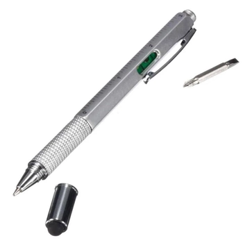 Многофункциональная тактическая ручка 5-в-1 стилус, отвертка, линейка, уровень (Серая)