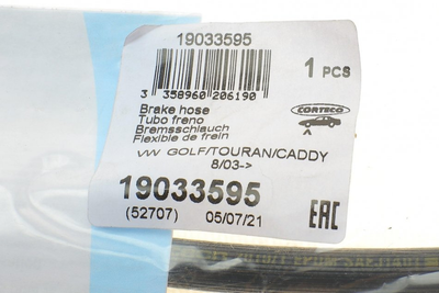 Тормозной шланг CORTECO 19033595 Volkswagen Caddy, Golf, Touran, Jetta; Audi A3, A4; Seat Toledo, Leon; Skoda Octavia 1K0611701B, 1K0611701H, 1K0611701M