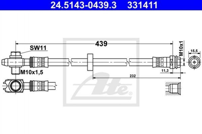 Гальмівний шланг ATE 24514304393 Skoda Octavia; Audi A3; Volkswagen Golf, Bora, Polo; Seat Toledo, Leon 1J0611701, 1J0611701L, 1J0611701N