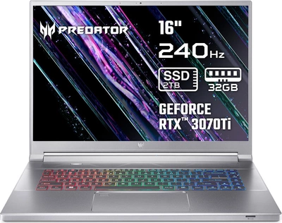 Ноутбук Acer Predator Triton 300 SE PT316-51s-74H9 (NH.QGKEU.00D) Sparkly Silver / 16" IPS (2560x1600) 240 Гц, матовый / Intel Core i7-12700H / RAM 32 ГБ / SSD 2 ТБ / nVidia GeForce RTX 3070 Ti, 8 ГБ