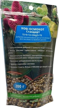 Комплексне мінеральне добриво ХОБІ ОСМОКОТ СТАНДАРТ 15+9+12+2MgO+TE, на 5-6 місяців для листяних та хвойних рослин 200 г ENGO