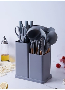 Набор кухонных принадлежностей Kitchenware Set 19 предметов (ножи, аксессуары, подставка) серый