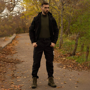 Утепленный мужской Костюм SoftShell на флисе / Комплект Куртка с капюшоном + Брюки черный размер XL