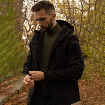 Утепленный мужской Костюм SoftShell на флисе / Комплект Куртка с капюшоном + Брюки черный размер XL