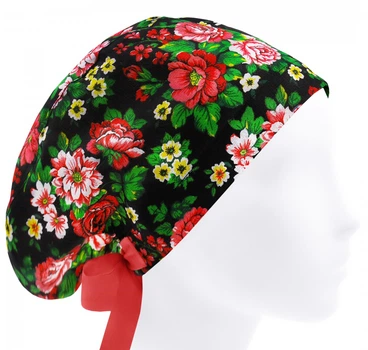 Медицинская шапочка женская HeadwearUniverse универсальная принт Цветочки на чёрном