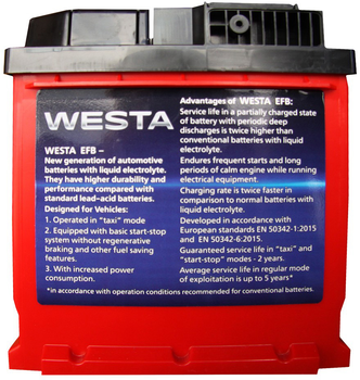 Автомобильный аккумулятор WESTA 6CT-63 А (0) RED EFB
