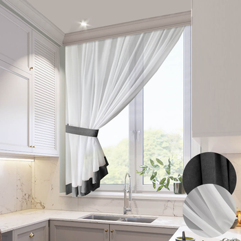 Короткий білий тюль з темно-серою окантовкою для кухні Adagio Windows Decor у розмірах 2,8х1,6м, легка кухонная штора з підхватом