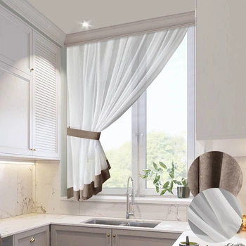 Короткий тюль з окантовкою для кухні Adagio Windows Decor бежевий какао у розмірах 2,8 х1,6м, легка кухонна штора з підхватом