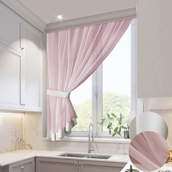 Короткий рожевий тюль з світлою окантовкою для кухні Adagio Windows Decor у розмірах 2,8 х1,6м, легка кухонна штора з підхватом