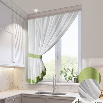 Короткий білий тюль із салатовою окантовкою для кухні Adagio Windows Decor у розмірах 2,8х1,6м, легка кухонная штора з підхватом