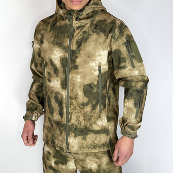 Мужская демисезонная Куртка SoftShell на флисе с капюшоном и вентиляционными молниями камуфляж размер M