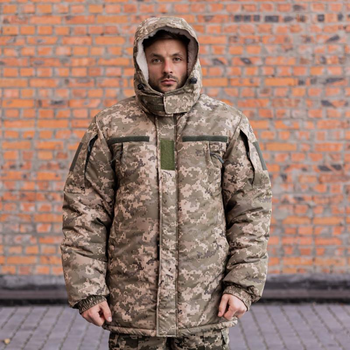 Мужская зимняя Куртка рип-стоп с меховой подкладкой / Бушлат с капюшоном пиксель размер 48