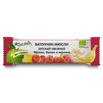 Дитячий батончик - мюслі органічний вівсяний Fleur Alpine Яблуко, Банан і Малина 23 г (7610121611493)