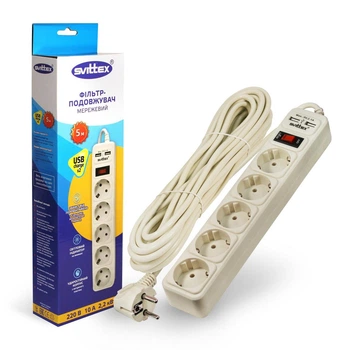 Мережевий фільтр-подовжувач 5 виходів +2 USB 5V Svittex 5м
