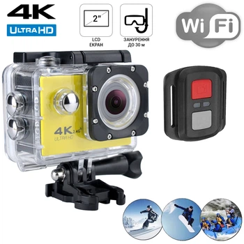 Экшн камера с аквабоксом для подводной съемки и креплениями Action Camera FR600 Wi-Fi Full HD + пульт ДУ Жёлтая