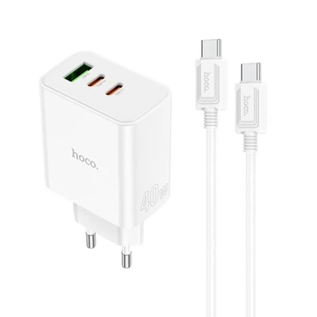 Мережевий зарядний пристрій Hoco C126A PD40W 2USB-C 1USB QC3.0 cable Type C to Type C Швидка зарядка White