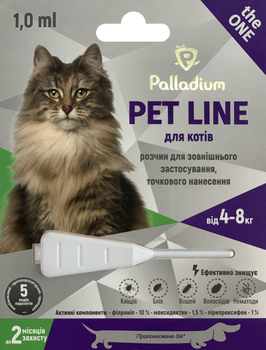 Капли на холку от блох, клещей и гельминтов Palladium Pet Line the One для котов весом от 4 до 8 кг (4820150205225)